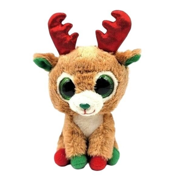 2/$15 Ty Beanie Boos Alpine reindeer plush brown 7" red antlers green paws - Picture 1 of 10
